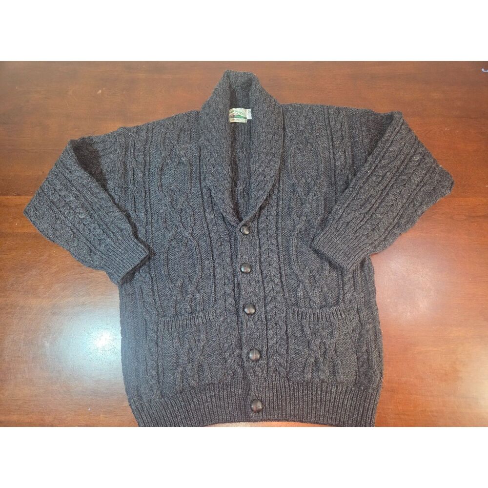 Vtg Aran Crafts Ireland 100% Wool Cable Knit Cardigan Gray Sweater S